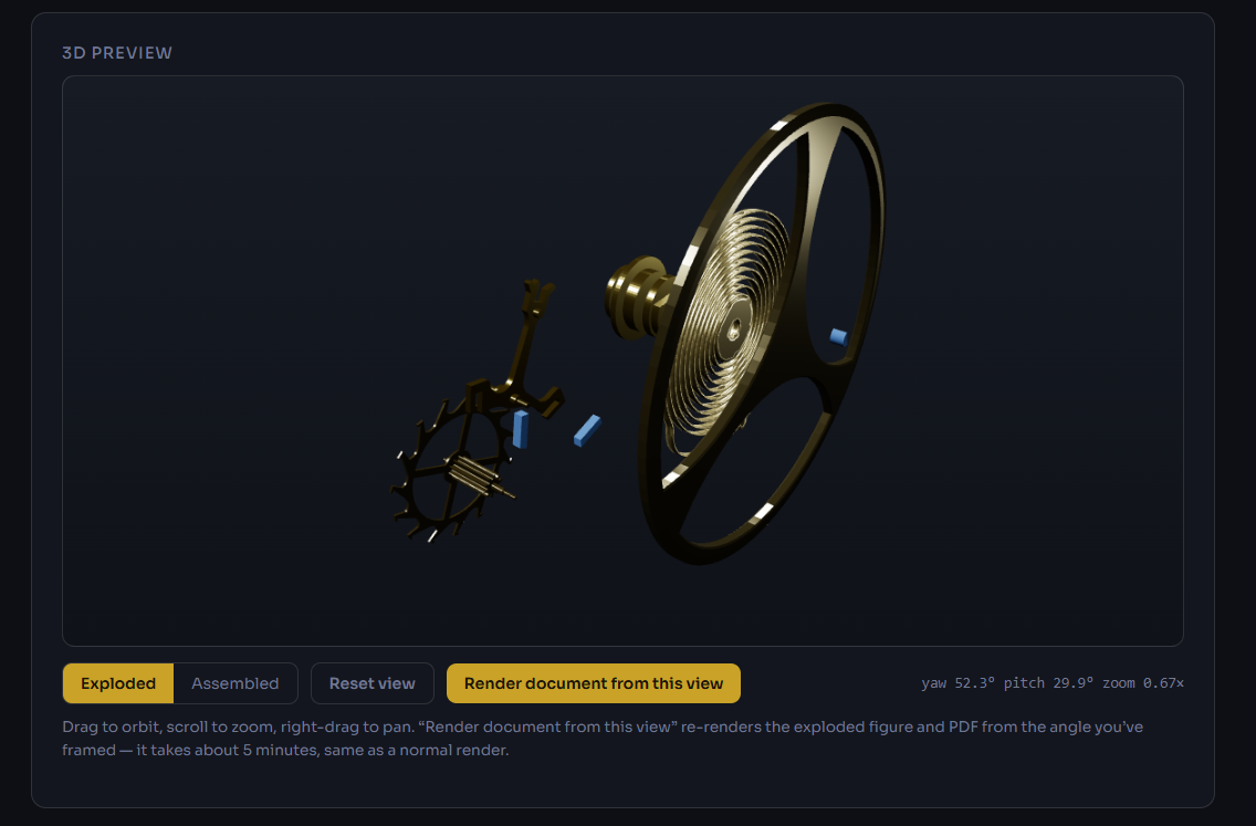 Watch Engine 3D preview — exploded escapement assembly